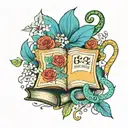 A tattoo design featuring a book with intricate illustrations coming to life, surrounded by vibrant flowers and a snake weaving through the pages tattoo design idea