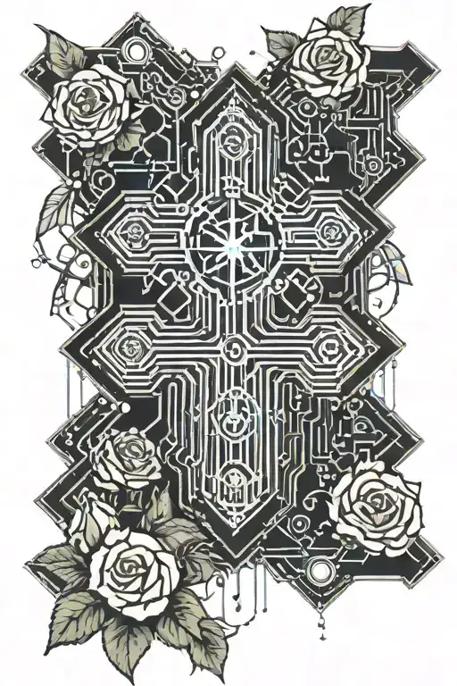 cyber sigilism cross with roses around it tattoo design idea