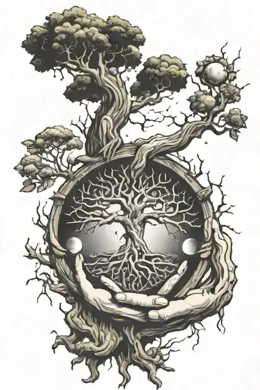 hands reaching philosopher stone Yggdrasil tree and eclipse  tattoo design idea