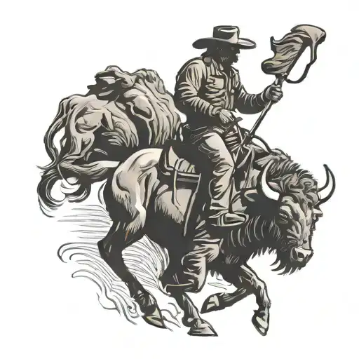 A silhouette of a ranch hand riding a powerful buffalo with a horse running alongside tattoo design idea