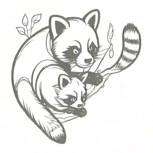 red panda and raccon playing with a bird tattoo design idea