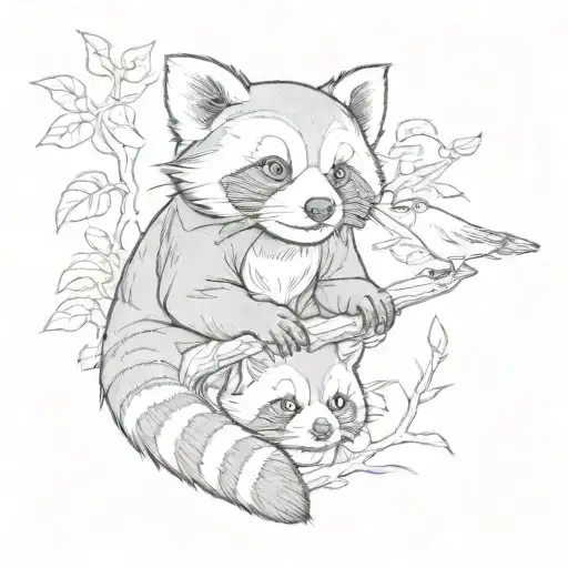 red panda and a raccon playing with a bird flying tattoo design idea