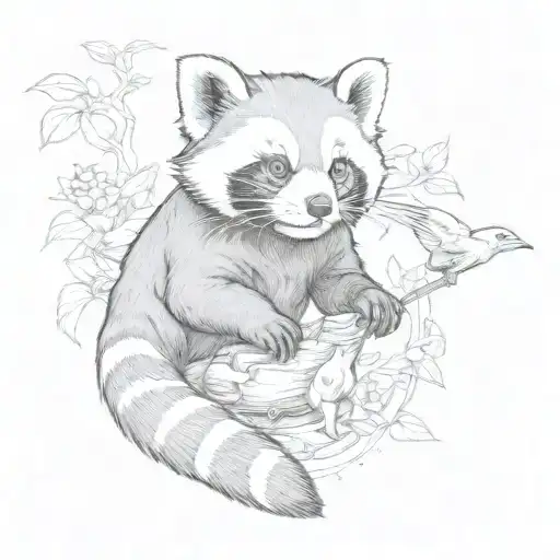 red panda and a raccon playing with a bird flying tattoo design idea