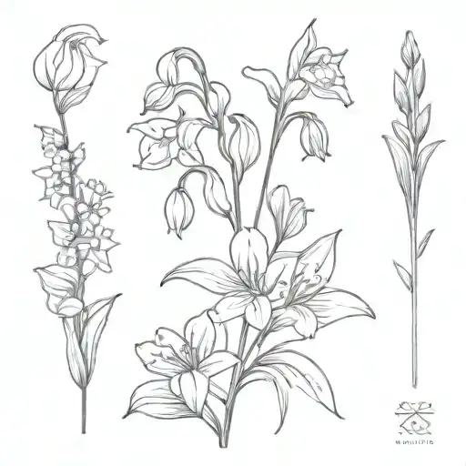 Lilly of the valley, daisies, tulips, iris, and violets down the spine tattoo design idea