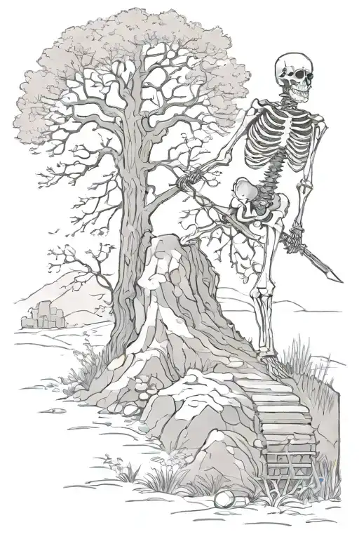 a skeleton sitting down criss-cross next to tree on top of hill holding a scythe in one hand and fire in the other   tattoo design idea