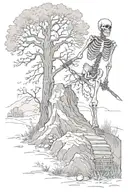 a skeleton sitting down criss-cross next to tree on top of hill holding a scythe in one hand and fire in the other   tattoo design idea