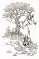 a skeleton sitting down criss-cross next to tree on top of hill holding a scythe in one hand and fire in the other   tattoo design idea