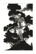 a skeleton sitting down criss-cross next to tree on top of hill holding a scythe in one hand and fire in the other   tattoo design idea