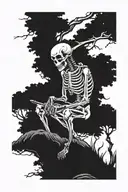 a skeleton sitting down criss-cross next to tree on top of hill holding a scythe in one hand and fire in the other   tattoo design idea