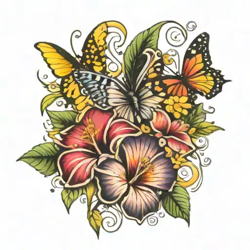 Hibiscus Flower, daisy flower, Butterflies, heart intertwined tattoo design idea