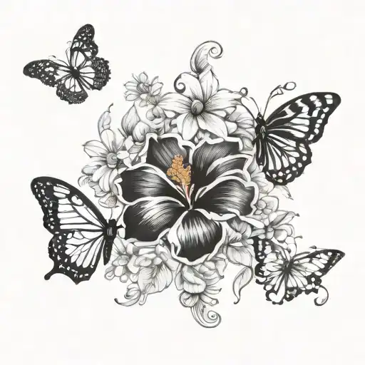 Hibiscus Flower, daisy flower & Butterflies with double heart   tattoo design idea