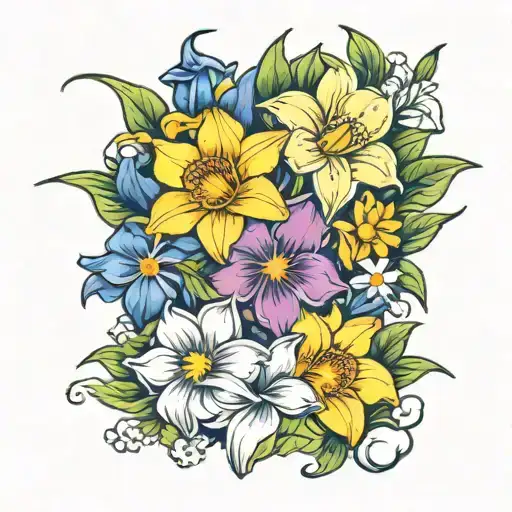 daffodils, morning glory and daisy tattoo design idea