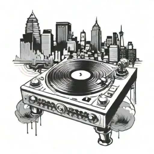 A DJ turntable with a city skyline as the vinyl, showcasing the client's love for music and urban nightlife tattoo design idea