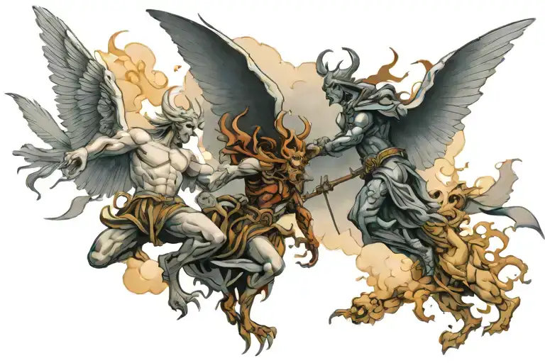 Heaven vs Hell war scene tattoo design idea