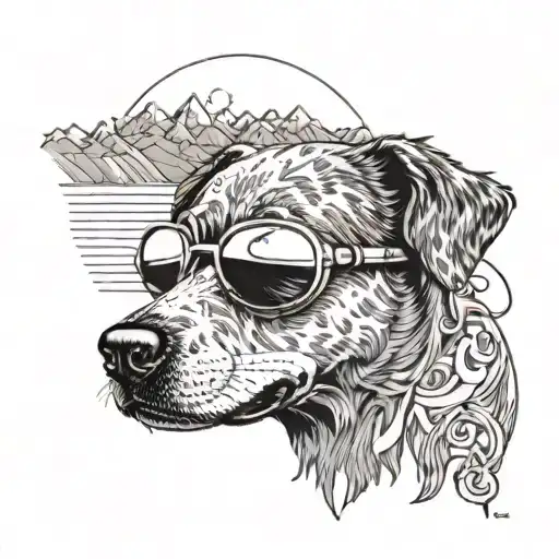 A tattoo of a dog wearing sunglasses and listening to music, with a sun and mountains in the background tattoo design idea