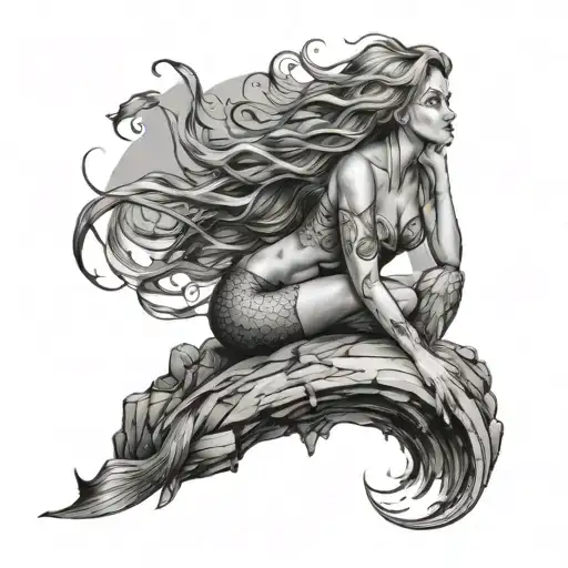 mermaid on a rock looking to the sky in the ocean tattoo design idea