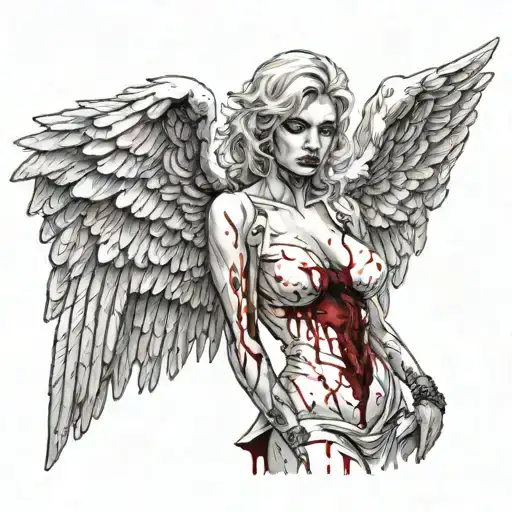 Sexy Angel Smoking Cigarette Covered in blood evil facial expression large cleavage white bloody torn dress Angel wings tattoo design idea
