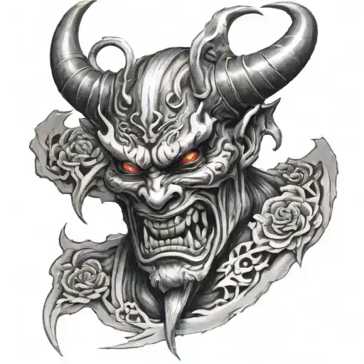 oni mask split in half tattoo design idea