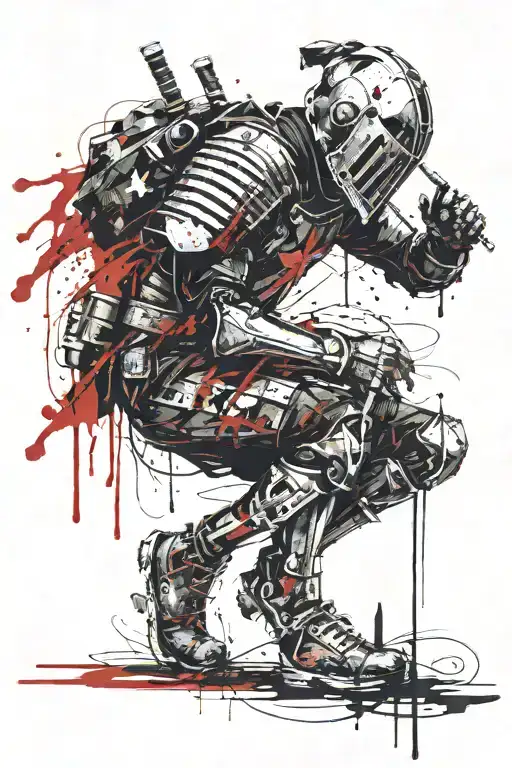 knight kneeling with latin writing running tattoo design idea