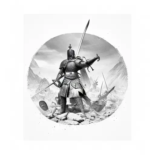 A warrior with a sword and shield standing tall amidst a chaotic battlefield tattoo design idea
