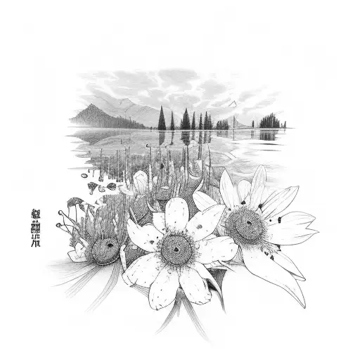 sunset river kayak wild flowers tattoo design idea