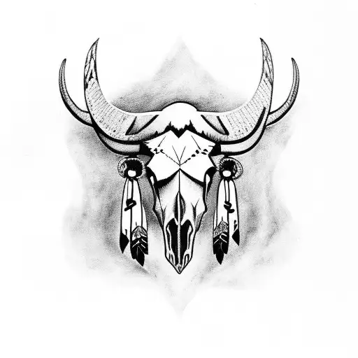 A buffalo skull adorned with traditional indigenous patterns from the island of Marajo tattoo design idea