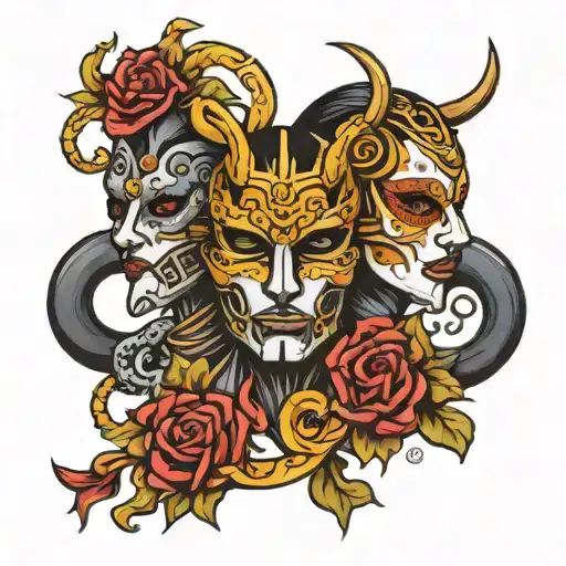 gemini zodiac sign and mask tattoo design idea