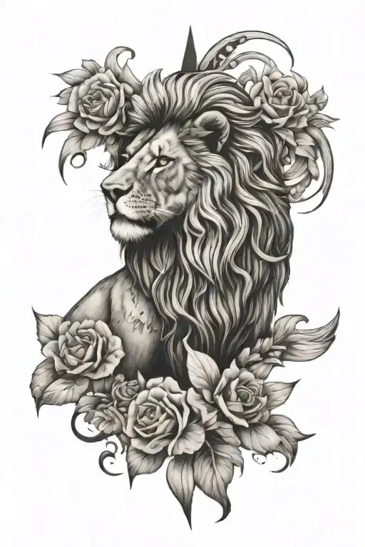 lion, flowers , mountain, cross intertwined symbolizing tattoo design idea