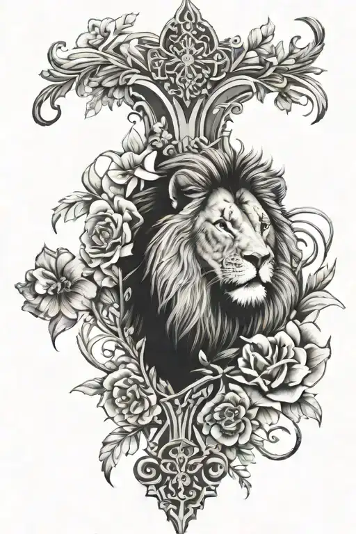 lion, flower, mountain, cross intertwined tattoo design idea