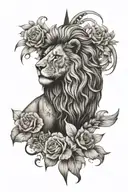 lion, flowers , mountain, cross intertwined symbolizing tattoo design idea