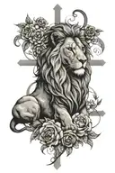 lion, flowers , mountain, cross intertwined symbolizing tattoo design idea