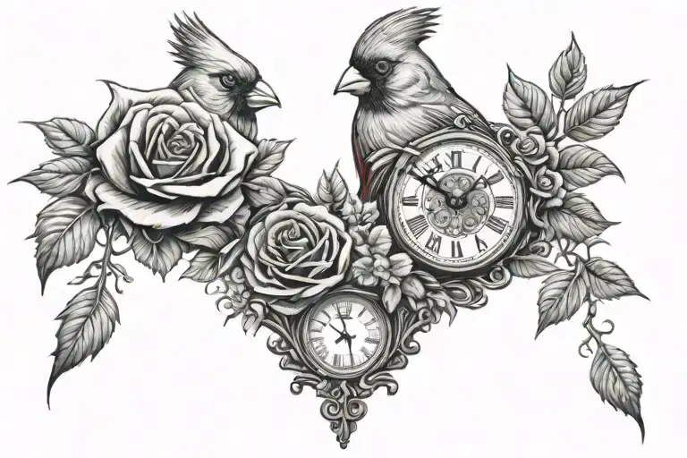 cardinal with roses and clock tattoo design idea