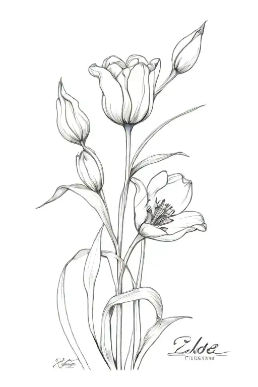 drawing of Two tulips with the stems being the names Zoe and Mizobi in fancy cursive black and white tattoo design idea