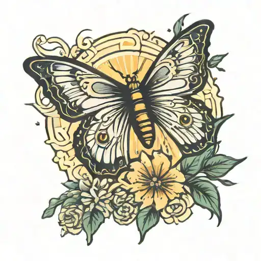 sun and butterfly with the word jung tattoo design idea