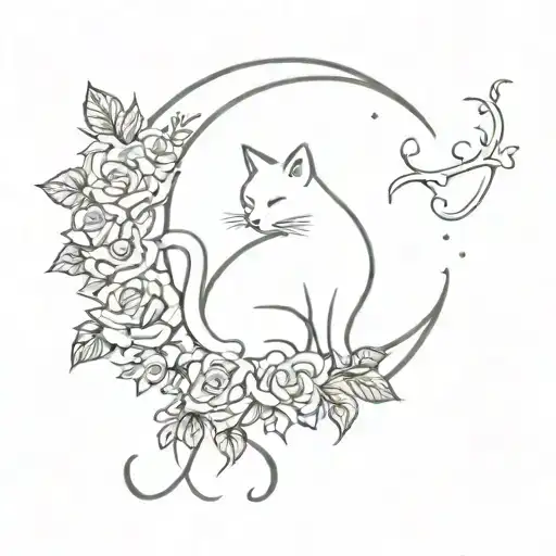 cat inside crescent moon with roses and larkspur tattoo design idea