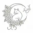 cat inside crescent moon with roses and larkspur tattoo design idea