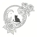 cat inside crescent moon with roses and larkspur tattoo design idea
