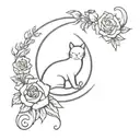 cat inside crescent moon with roses and larkspur tattoo design idea