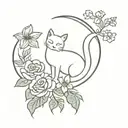 cat inside crescent moon with roses and larkspur tattoo design idea