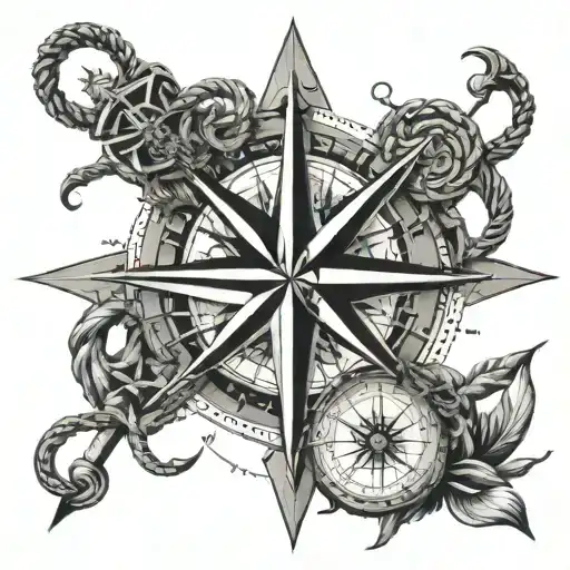 A detailed compass rose with nautical elements like anchors and ropes tattoo design idea