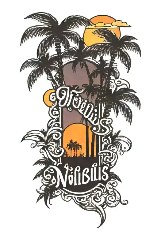 the name Willis and in the background is the sunset with palm trees tattoo design idea