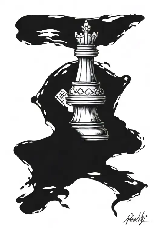 a battlefield, a pawn chess piece wearing the kings crown with all the other chess pieces laying dead around the pawn  tattoo design idea