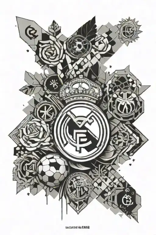 A mosaic pattern of Real Madrid's journey to victory in the 2021 UCL final, rendered in black-grey ink tattoo design idea