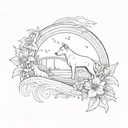 A memorial tattoo of a rainbow bridge with dogs and cats crossing over, surrounded by vibrant flowers and ocean waves tattoo design idea