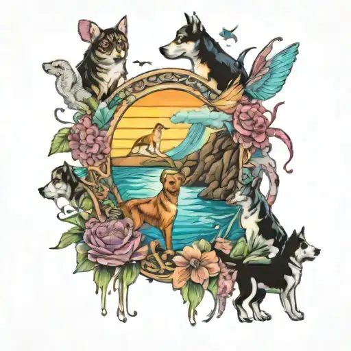 A memorial tattoo of a rainbow bridge with dogs and cats crossing over, surrounded by vibrant flowers and ocean waves tattoo design idea