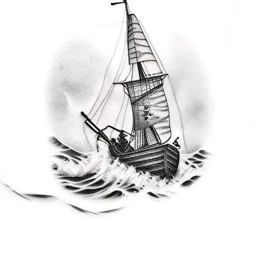 A realistic tattoo of a majestic fishing boat sailing through rough waters tattoo design idea