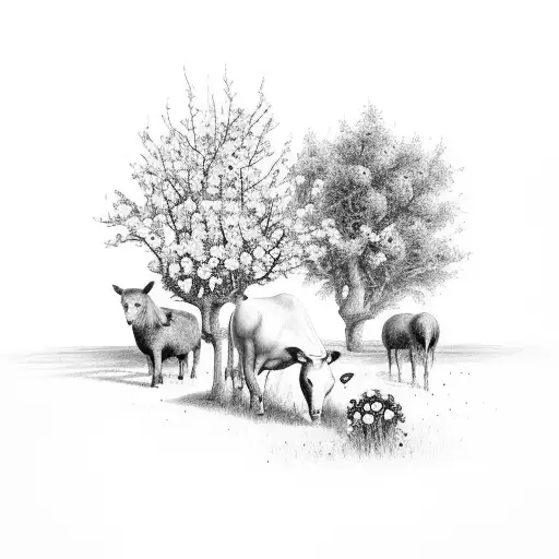 A black-grey tattoo of a farm landscape with animals grazing and flowers blooming in the foreground tattoo design idea
