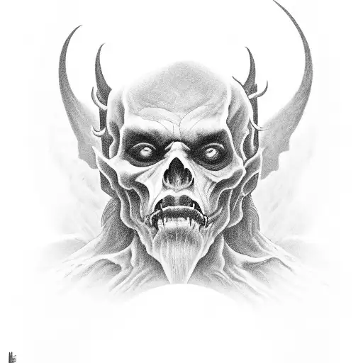 A haunting black and grey portrait of the devil, with the words "lo que en silencio guardo" incorporated into the design tattoo design idea