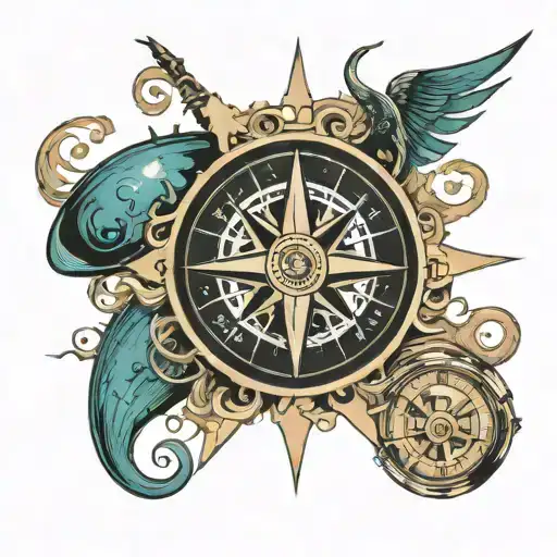 compass with jazz and rock music and tsunami japanese sign  tattoo design idea
