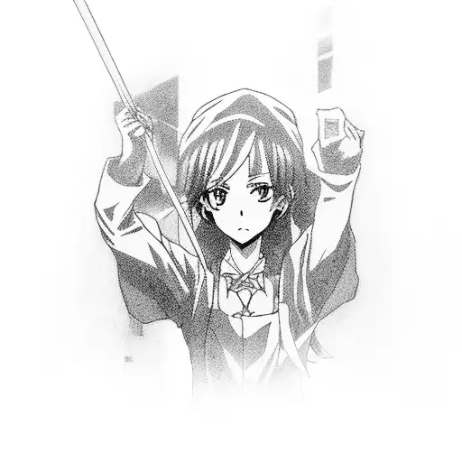 Anime-inspired teacher casting a spell in a classroom setting tattoo design idea